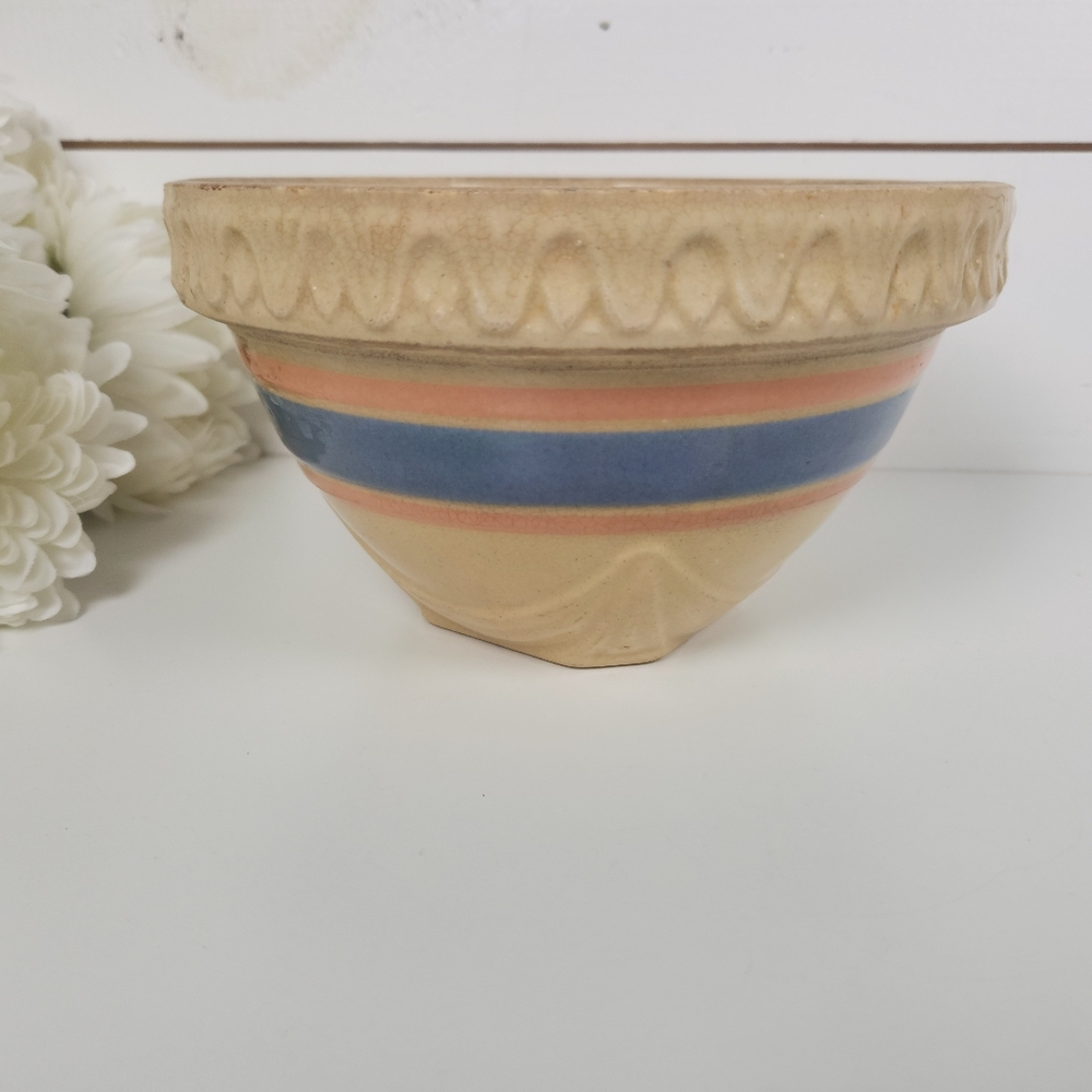 Antique McCoy Pottery Yellow Ware Blue & Pink Stripe Mixing Bowl 7.5" Farmhouse